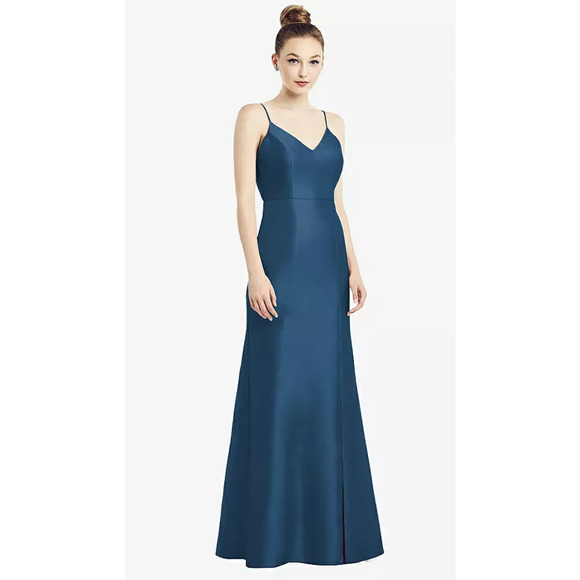 NEW Alfred Sung Sz 0 Open Back Bow Tie Satin Trumpet Gown Blue $236 msrp I24-11 - Picture 1 of 11